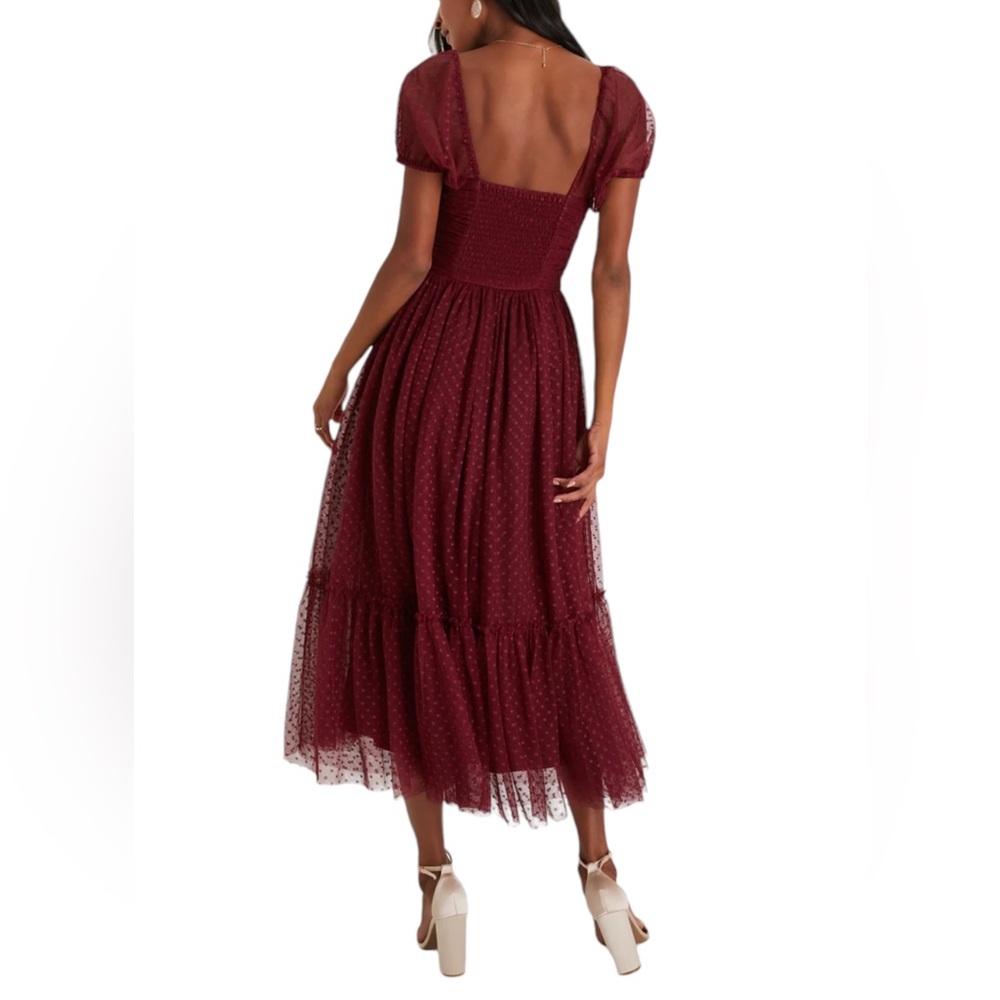 Lulus Sweet Amour Burgundy Tulle Swiss Dot Tiered Bustier  Midi Dress Size Large - Picture 2 of 13